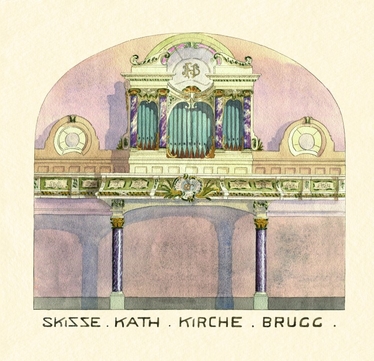 Das Malatelier Hans Hoffmann aus Rorschach legte 1904 verschiedene kolorierte Entwrfe fr die Innenausstattung vor, unter anderem einen Entwurf fr Empore mit Orgel.