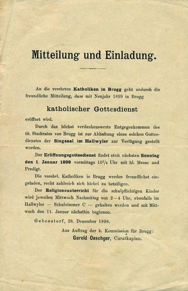 Einladung fr den 1. Januar 1899 zum ersten katholischen Gottesdienst in Brugg seit der Reformation. Archiv Pfarrei St. Nikolaus Brugg (A.1.0.01)