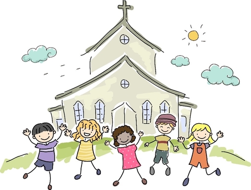 fröhliche Kinder vor einer Kirche