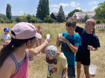 Kinder spielen mit Wasserbechern.