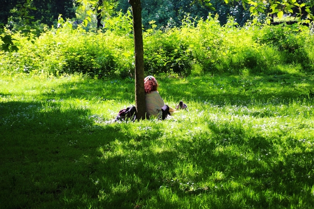 Frau sitzt im Gras an Baum lehnend